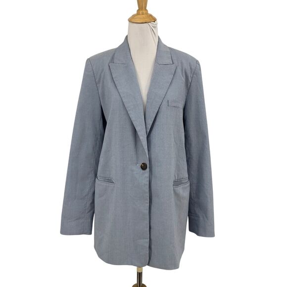 1 State Blazer Womens 8 Cloudy Blue Padded Shoulders Single Button Suit Jacket - Picture 1 of 14